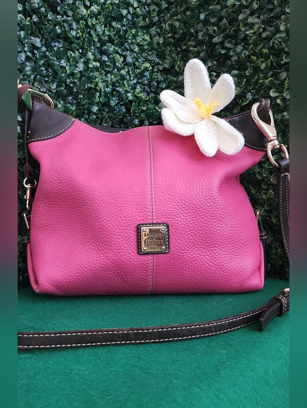 Dooney & Bourke Hot Pink Pebbled Leather Shoulder Bag with Dark Brown Trim